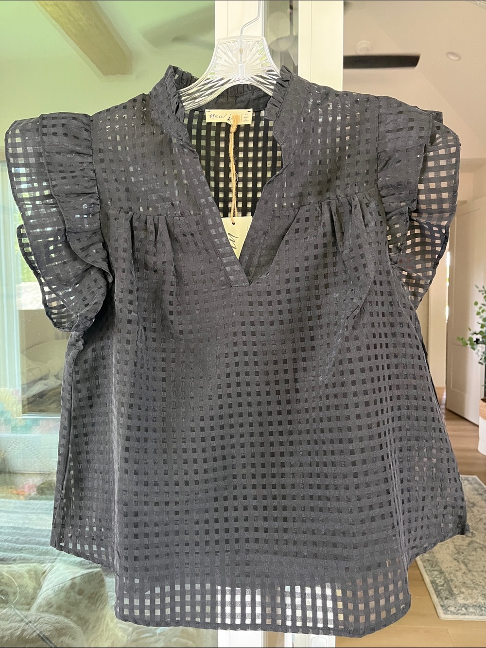 New In Top Medium Black V-Neck Flutter Sleeve Sheer Lined Ruffle Trim NWT